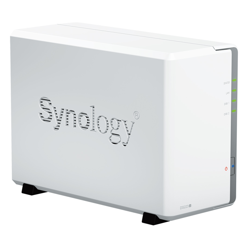 NAS DiskStation DS223j | 2 Bahías | CPU Realtek RTD1619B 1.7 GHz | 1 GB DDR4 | Puerto 1GbE RJ-45 | USB 3.2 Gen 1 | Compatible con HDD y SSD | Synology DSM | RAID 0, 1, JBOD | SMB, AFP, NFS, FTP | Vigilancia IP