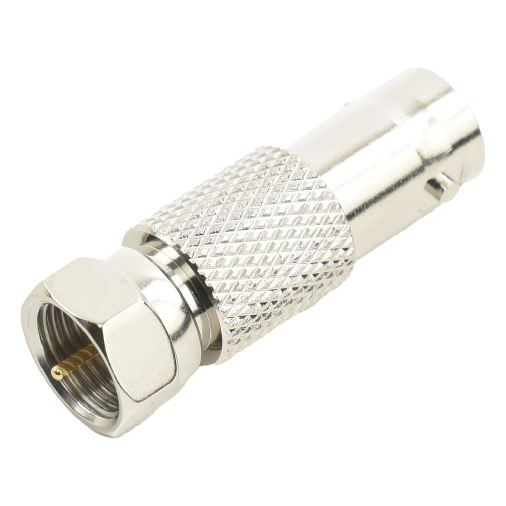 Adaptador en Línea, de Conector BNC Hembra a F Macho, Níquel/ Oro/ Delrin.