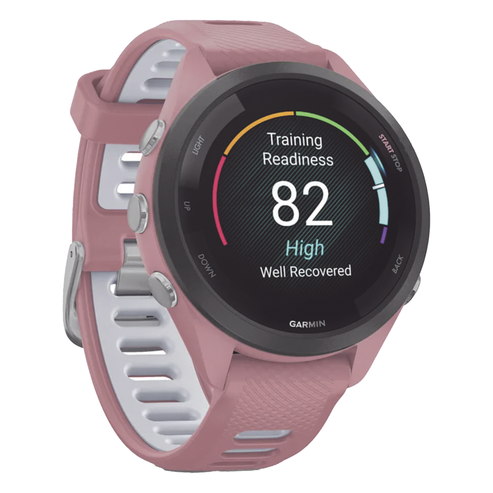 Forerunner® 265S, Bisel negro con carcasa en rosa y correa de silicona en rosa/gris
