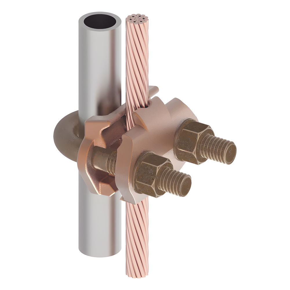 Conector Mecánico para Cable Calibre 4 a 2/0 AWG / Paralelo o 90° a Tubo de 3/8" o Varilla de 5/8" - 3/4".