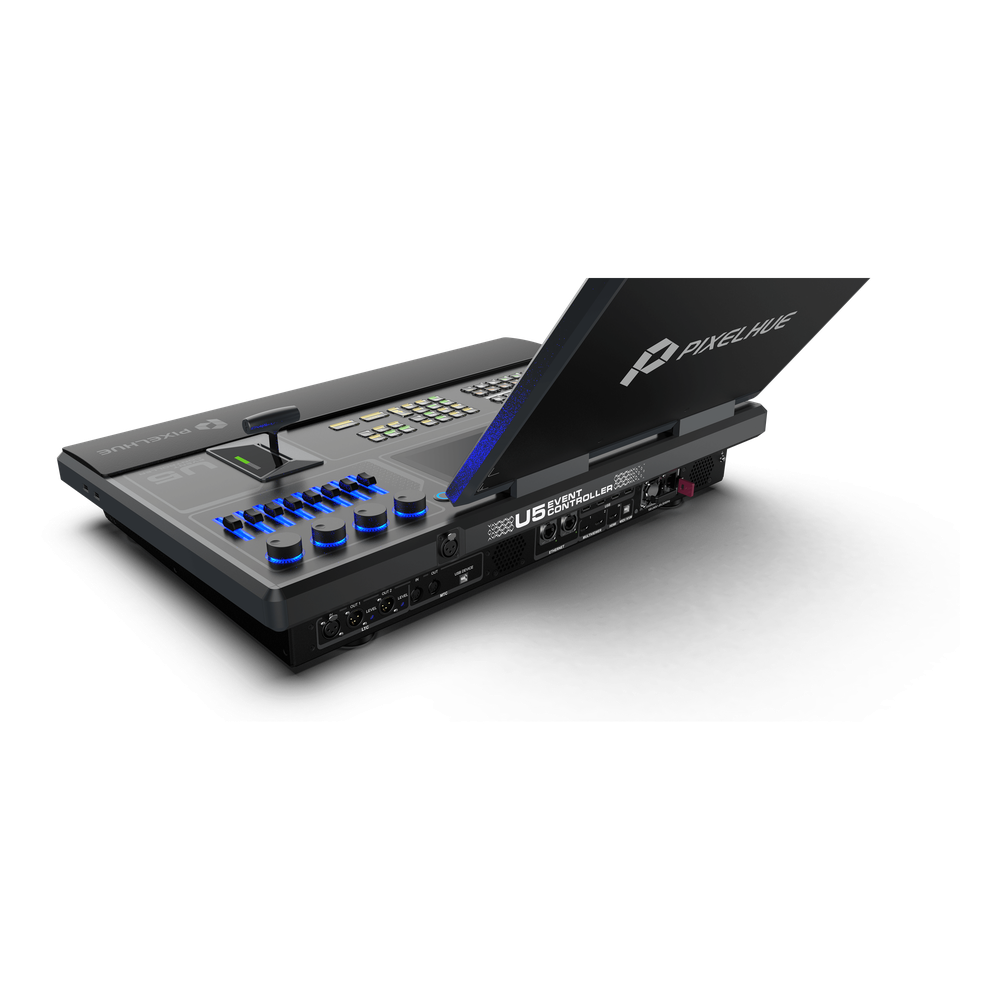 Controlador de Eventos Compacto U5 / Pantalla Táctil Principal 21.5" / Pantalla Inteligente 8" / 87 Botones LCD Programables / 4 Encoders y 8 Faders / Control MIDI y KVM / Diseño Plegable / Software PixelFlow / HDMI 2.0 / 12G-SDI /