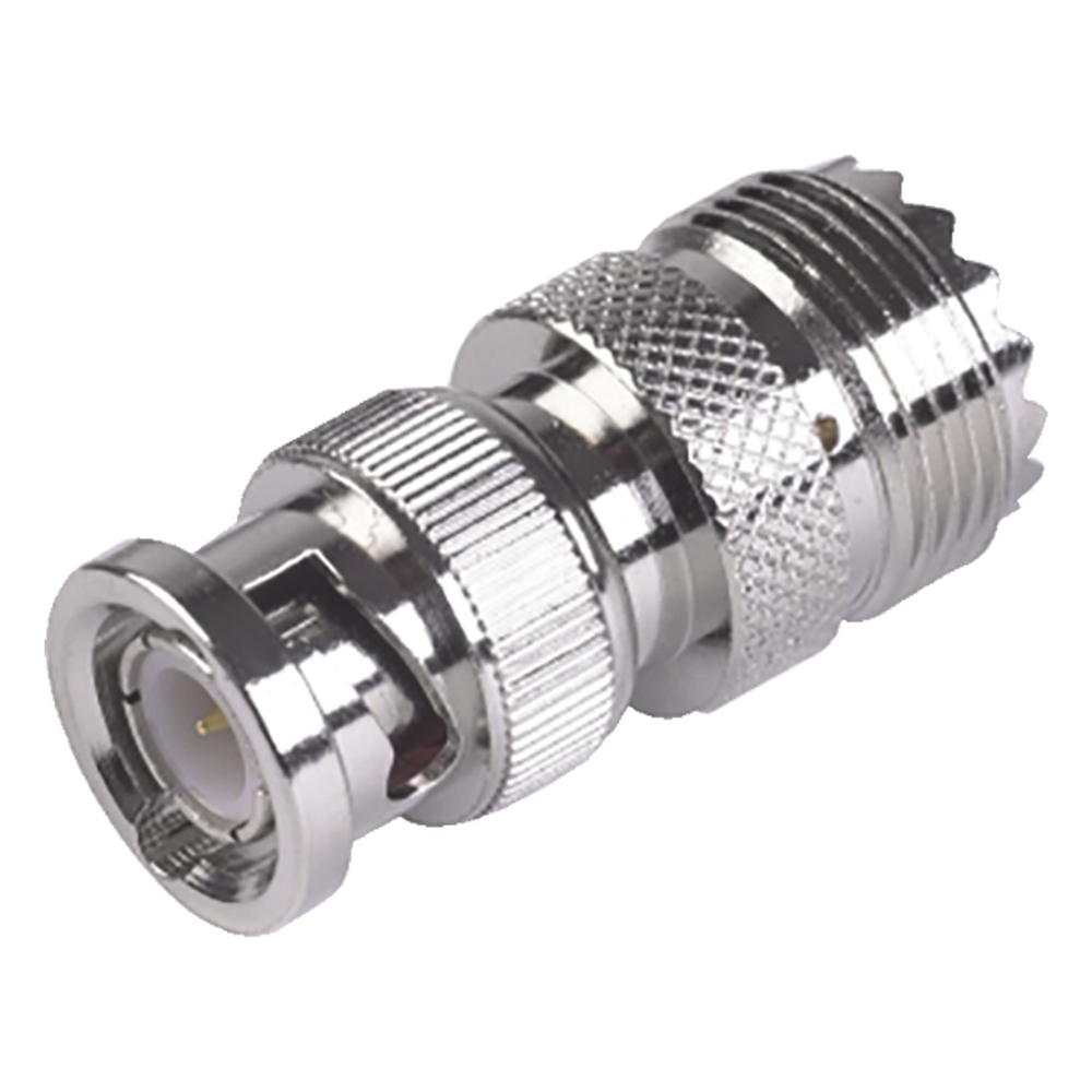 Adaptador en Linea para 50 Ohm, Conector BNC Macho-UHF Hembra (SO-239), Níquel/ Oro/ Delrin.