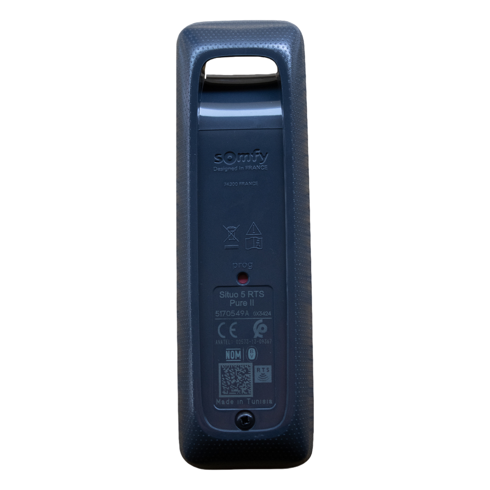 Control remoto 5 canales para motores de persiana Somfy con señal inalámbrica, instrucciones: sube, baja y detener, con posición favorita programada.
