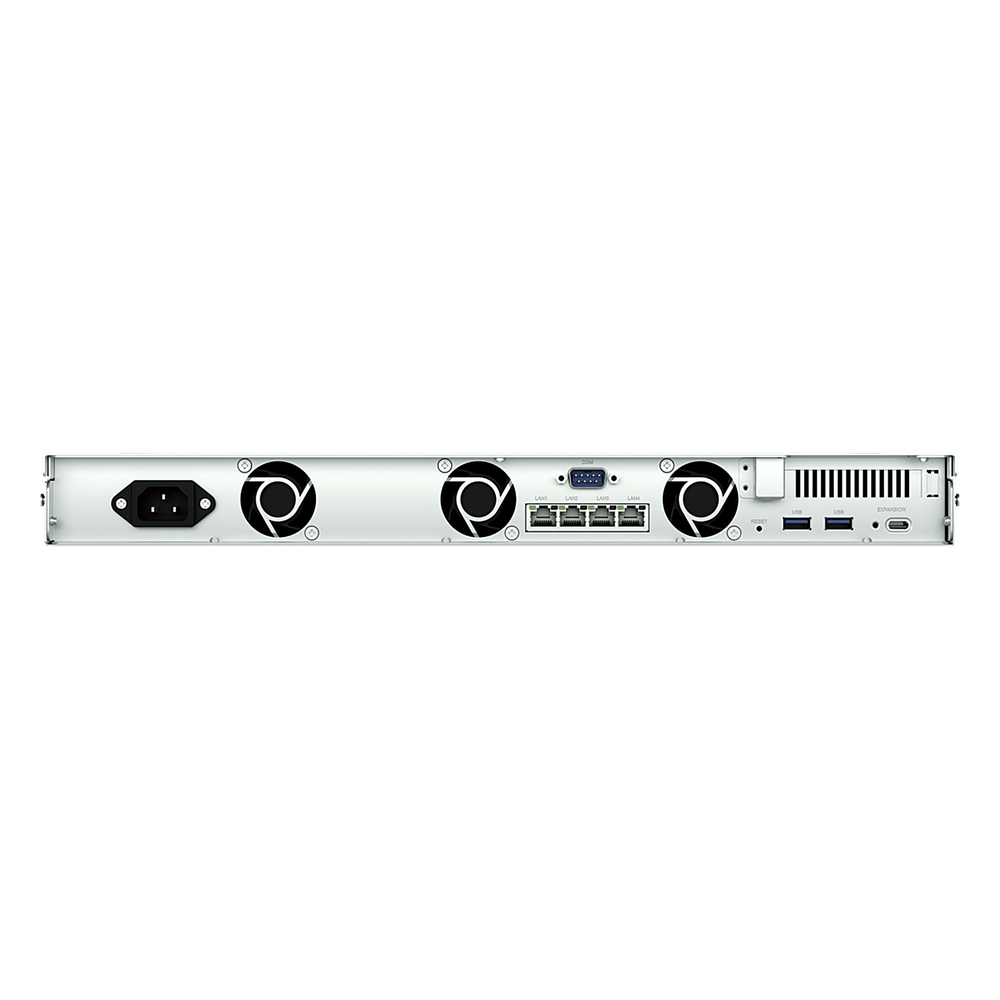 NAS Rackmount 4 Bahías / 1U 44 mm (1.73 in) / AMD Ryzen V1500B 4 Núcleos 2.2 GHz / 4GB DDR4 ECC SODIMM / 4x 1GbE RJ45 / PCIe 3.0 x8 / Escalable a 8 Bahías con RX426 / DSM / Storage Tiering