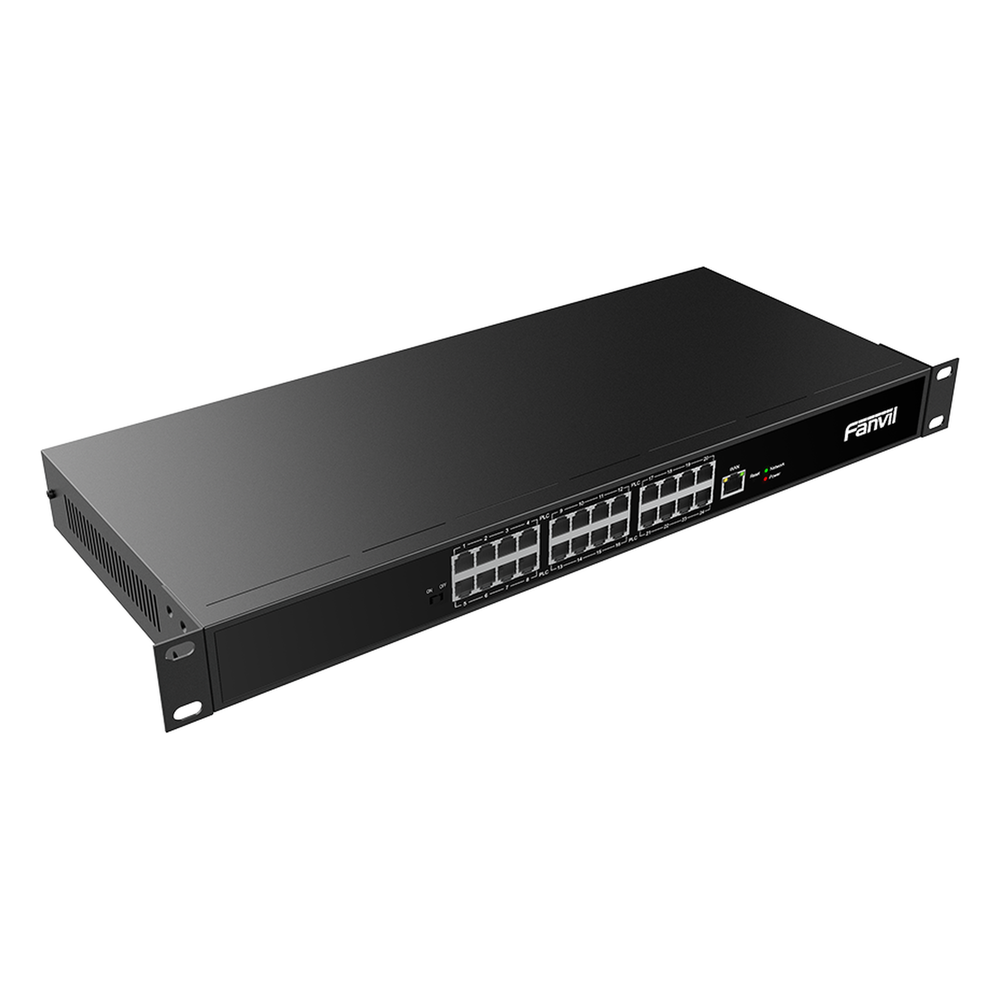 Switch PoE de 2 Hilos 24 Puertos RJ11 / Uso Exclusivo con Fanvil X303-2W / Transmisión hasta 300 m (984.3 ft) / Entrada 100V~240V / Salida Máx 160W / Reutiliza Cableado PSTN y AWG