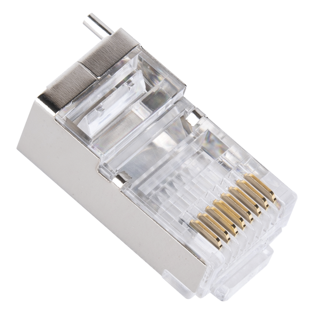 Bote con 100 Piezas de Plug Modular RJ45 Cat5e Blindado, Chapado de Oro a 30 Micras para Durabilidad Extrema con Pin de Tierra