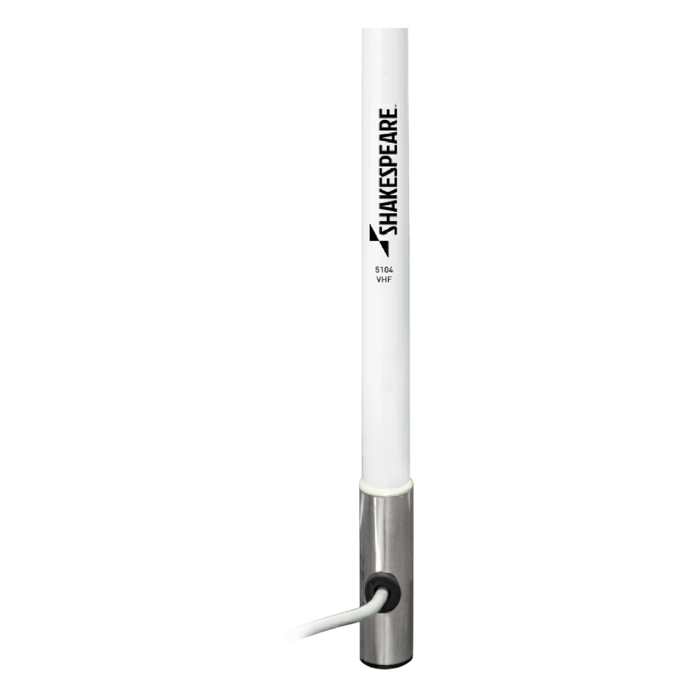 Antena Marina VHF SHAKESPEARE 5104 / Base 1.2 m (3.9 ft) / 3 dB / 50 W / Cable RG-58 4.5 m (15 ft) / Soporte Latón Cromado / Banda Marina VHF