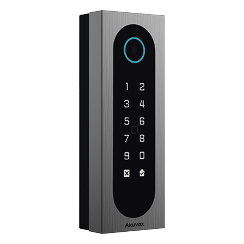 Control de Acceso Slim Akuvox A08S / Aluminio y Vidrio Templado / IP65 & IK09 / Capacidad para 20,000 Tarjetas / Métodos de Acceso Multi (QR, Bluetooth, PIN, RFID) / Soporta Wiegand / 1 Salida de Relay