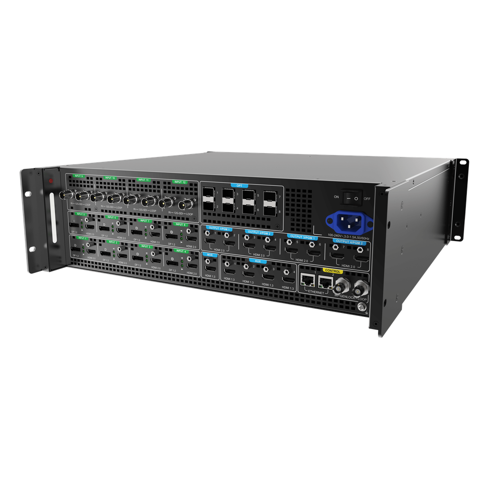 Switcher de Presentación 4K / Hasta 12 Capas DL (2 MAIN + 10 PIP) / 10G Fibra Óptica 10 km / HDMI 2.0 DP 1.2 12G-SDI / Modos Duales Switcher y PGM / Dante Audio 32x32 / Multiviewer Dedicado / Backup Automático