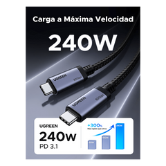 Cable USB-C Thunderbolt 5 / 80 Gbps Bidireccional / 120 Gbps Unidireccional / 1 m (3.28 ft) / 24 Pines / E-Marker IP2133H / 5A Máximo / Aluminio + Cobre Blindado