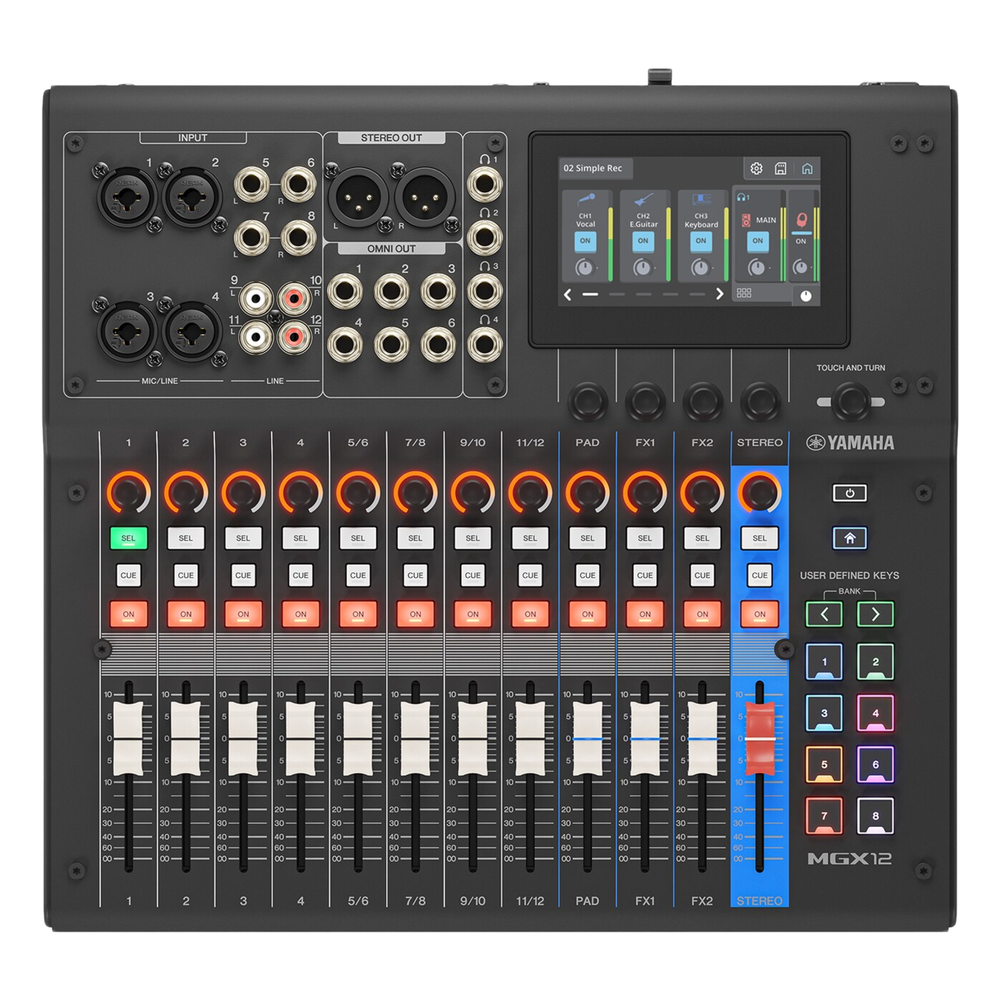 Consola Digital de Audio | 12 Canales | Pantalla Táctil 4.3in | Entradas de Mic/Line y Estéreo | Salidas Análogas y USB | Pads configurables | DSP | Entrada Bluetooth |  Grabación Multipista | Color Negro