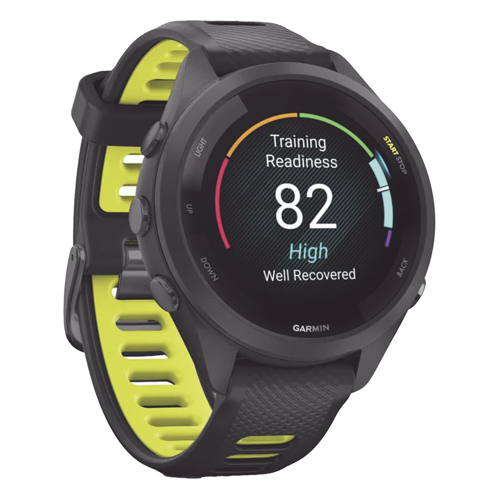 Forerunner® 265S, Bisel y carcasa en negro con correa de silicona en negro/amarillo