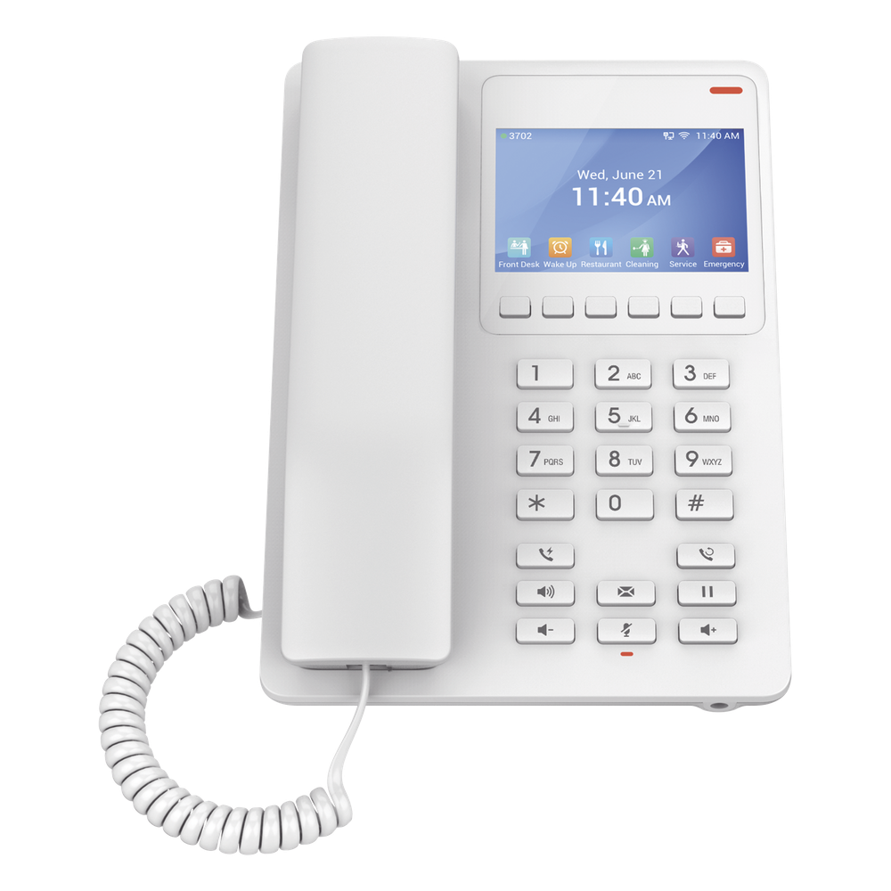 Teléfono IP Hotelero con pantalla LCD a color, 2 líneas SIP con 2 cuentas, codec Opus, IPV4/IPV6, color blanco, con gestión en la nube GDMS
