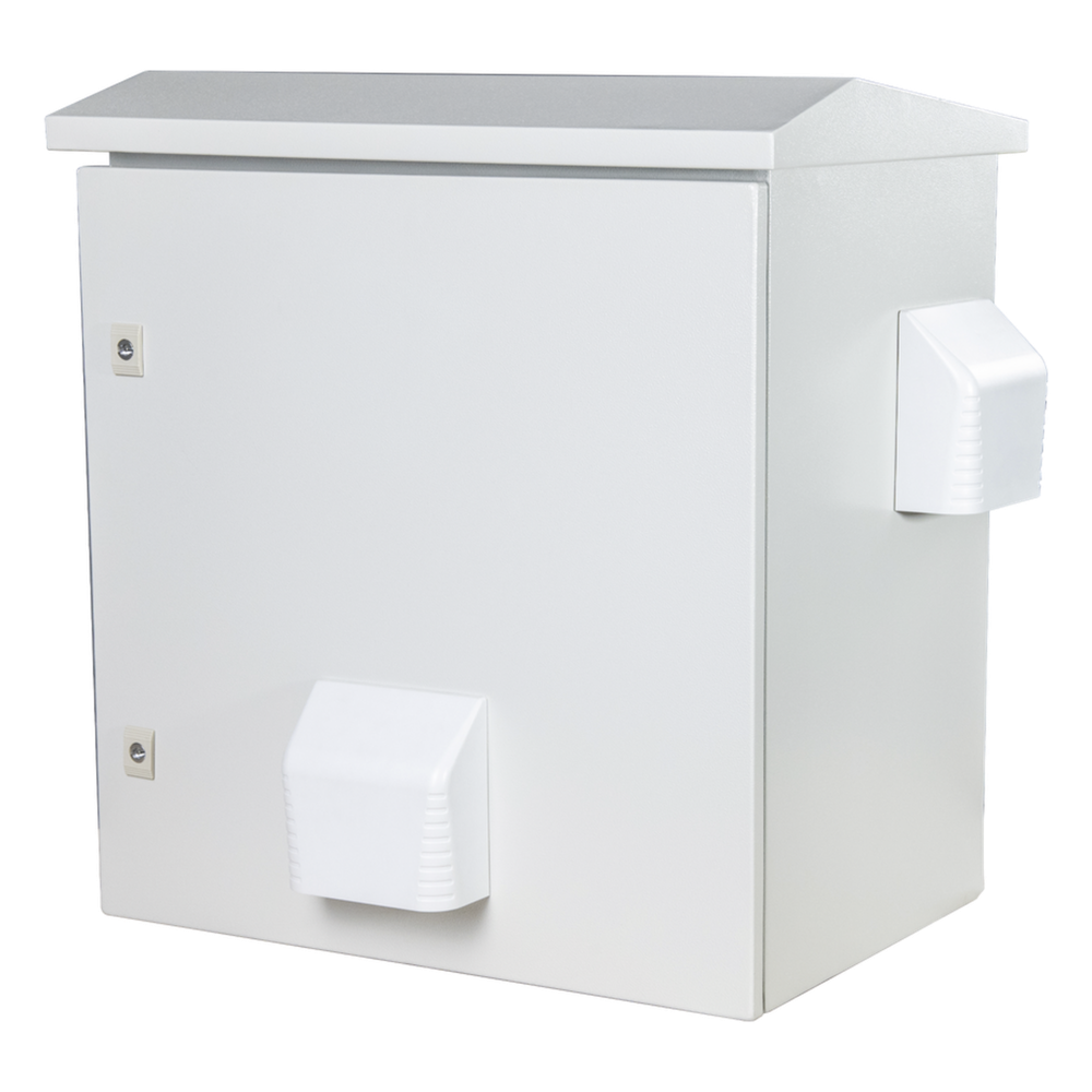 Gabinete Ventilado de Acero IP55 Uso en Exterior (593 x 609 x 399 mm) con Placa Trasera Interior Metálica y Compuerta Inferior Atornillable. Incluye Ventilador, Ventilas, filtros, Terminal de Tierra Física, Chapas y Ll
