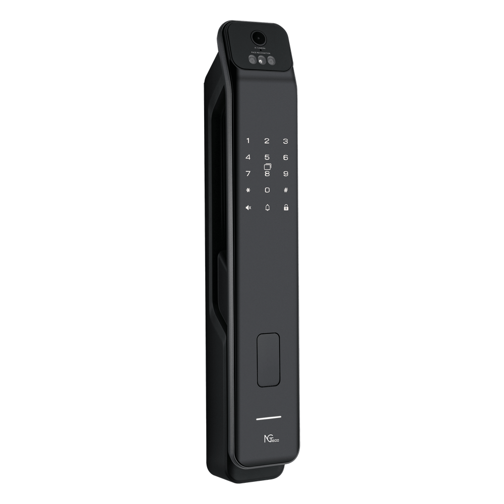 Cerradura Inteligente / Reconocimiento de Venas de la Palma / Reconocimiento Facial / Huella Dactilar / Video Intercom Bidireccional / Wi-Fi 2.4 GHz / App NGTeco Home / Auto Apertura y Cierre / Timbre Integrado / Aluminio / Puerta 45-60 mm (1.77-2.36 in)