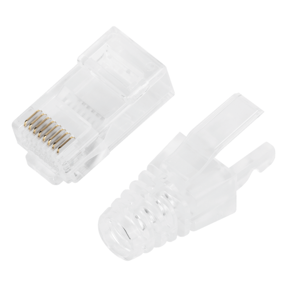 Bote con 50 Plugs Pass Through RJ45 Cat6 sin Blindaje, con Alivio de Tensión Incluido, Chapado de Oro a 30 Micras para Durabilidad Extrema