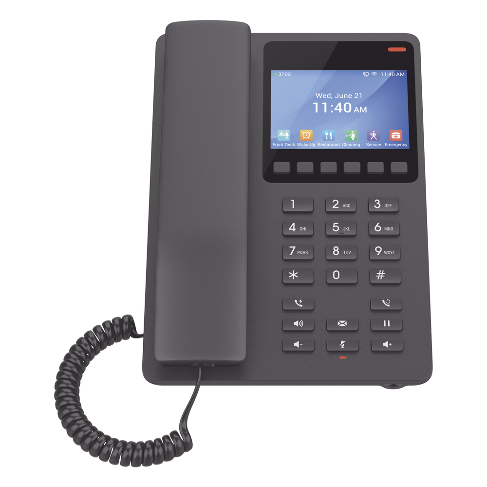 Teléfono IP WiFi Hotelero con pantalla LCD a color, 2 líneas SIP con 2 cuentas, codec Opus, IPV4/IPV6, color negro, con gestión en la nube GDMS