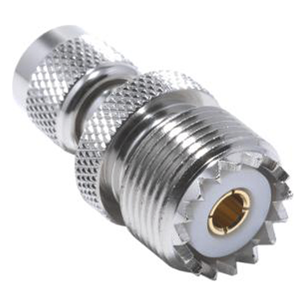Adaptador en Línea de Conector Mini UHF Macho a UHF Hembra (SO-239), Níquel/ Oro/ Teflón.
