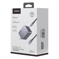 Cargador de 65W serie Nexode Pro | 3 Puertos de Carga Rápida | 2 USB-C | 1 USB-A | Tecnología GaNInfinity | PD3.1 de 65W / QC4.0 | Tecnología de Protección Térmica | Optimiza la Carga | Caja de Aluminio | Incluye Cable U