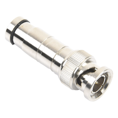 Conector BNC Macho en 75 Ohm, de Compresión Axial para Cable Coaxial RG-59/U, Níquel/ Oro/ Politetrafluoroetileno.
