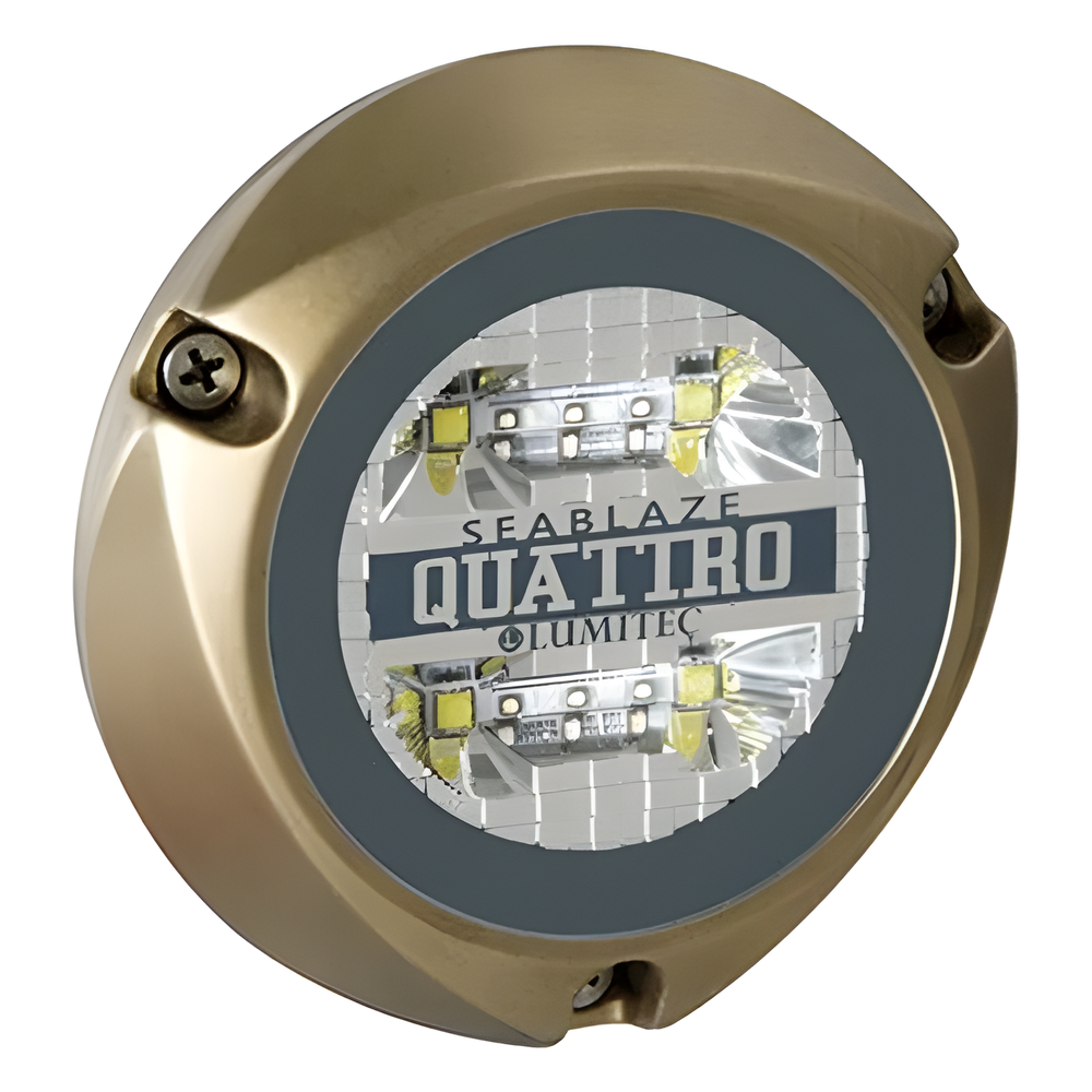 Luz led marina sumergible SeaBlaze Quattro, emite luz de color blanco y azul de 2000 lúmenes, fabricada en bronce naval con grado de protección IP68.