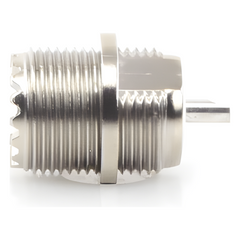 Conector UHF Hembra (SO-239) en Línea, Montaje Frontal en D Plano, Níquel/ Plata/ Baquelita.