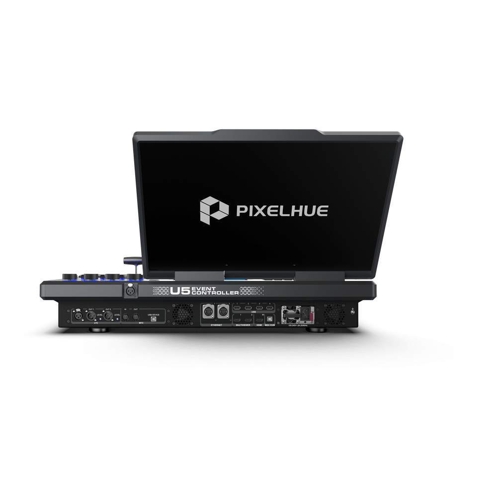 Controlador de Eventos Compacto U5 / Pantalla Táctil Principal 21.5" / Pantalla Inteligente 8" / 87 Botones LCD Programables / 4 Encoders y 8 Faders / Control MIDI y KVM / Diseño Plegable / Software PixelFlow / HDMI 2.0 / 12G-SDI /