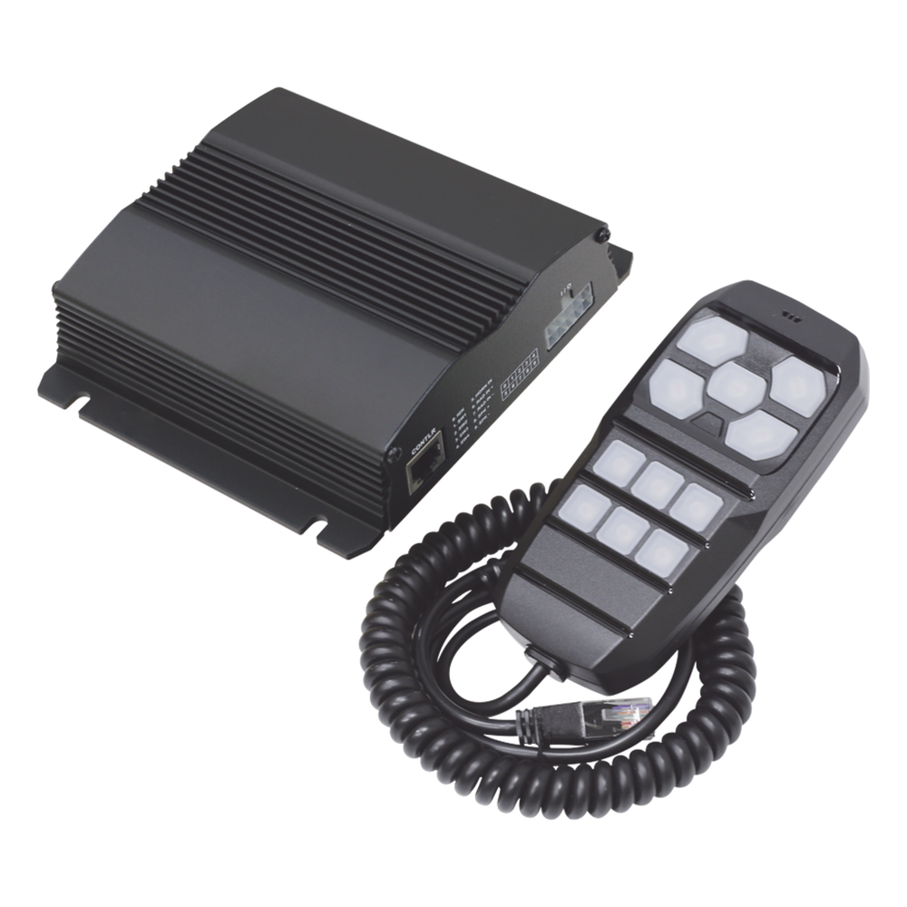 Sirena Vehicular de 100W de Potencia, Incluye Controlador Unimando Para Control de Tonos, 4 Salidas Auxiliares y Microfono