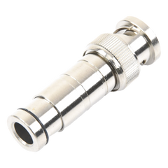 Conector BNC Macho en 75 Ohm, de Compresión Axial para Cable Coaxial RG-59/U, Níquel/ Oro/ Politetrafluoroetileno.