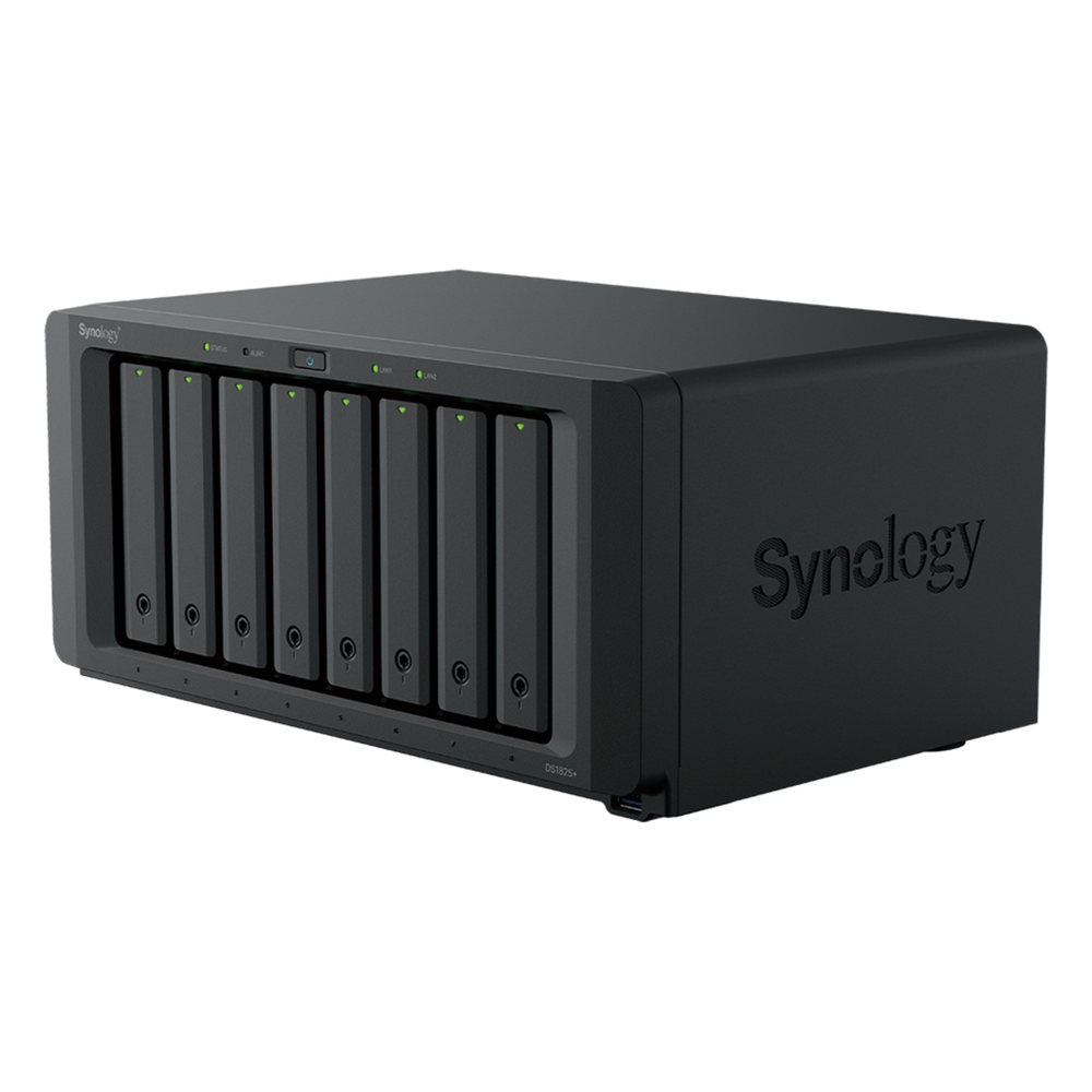 NAS DiskStation DS1825+ | 8 Bahías | AMD Ryzen V1500B | 8 GB DDR4 ECC | Hasta 2,239 MB/s Lectura | 2 Puertos 2.5GbE | Expansión PCIe 3.0 | Compatible con 10GbE y 25GbE | Caché SSD M.2 | Synology DSM.