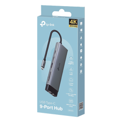 Adaptador HUB 9 en 1, 1 puerto USB-C entrada, 1 puerto HDMI 4K, 1 puerto Ethernet Gigabit, 1 puerto SD y MicroSD, 1 puerto USB-C y 3 puertos USB-A