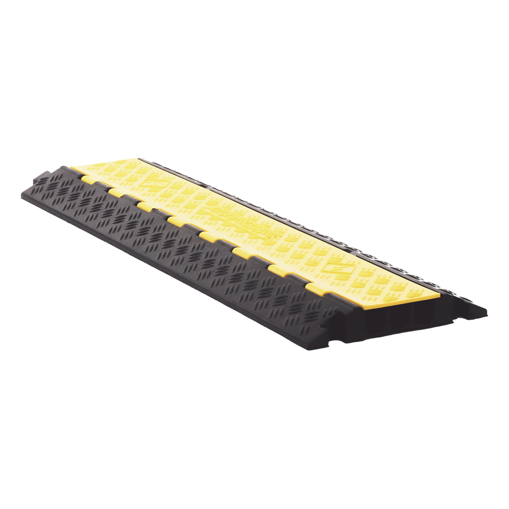 Protector de Cable de 3 Canales / Base de Goma y Tapa de Plástico / Tamaño del Canal 30x30mm / Capacidad de Carga 5 Toneladas / Longitud 90 cm / Ancho del Contorno 50 cm / Altura 4.5 cm / Color Amarillo-Negro / Material Hule
