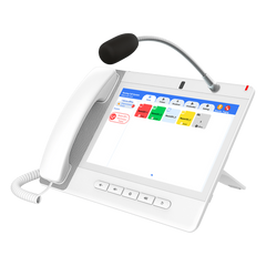 Teléfono IP Color Blanco Android 9.0 Empresarial para voceo 20 líneas SIP, pantalla táctil, Wi-Fi y Bluetooth, PoE, Voceo/ Musica por Multicast, puertos Gigabit, Sofware de Enfermeria