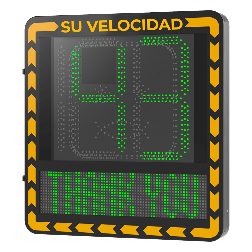Display LED para Control de Velocidad Exterior / Distancia Visible de 100 m / LED de Alta Luminosidad y Bajo Consumo / Visualización de Velocidad con Código de Colores / IP66 / Conectividad Wi-Fi y Ethernet / Compatible con TCP/IP, HTTP, DHC