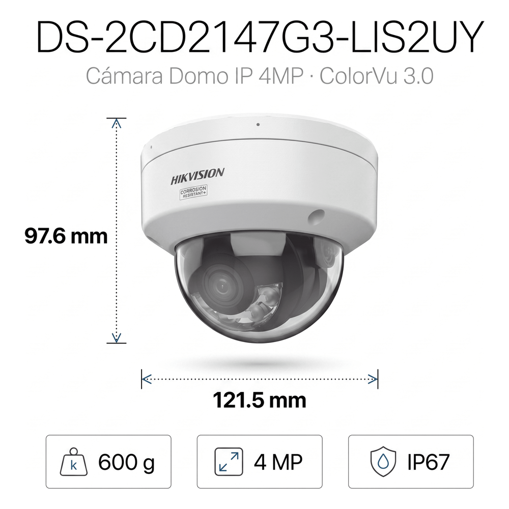 [Dual Light + ColorVu 3.0 + HikAI] Domo IP 4 Megapixel / Lente 2.8 mm / 30 mts IR + Luz Blanca / 2 Microfonos Integrados / Exterior IP67 / WDR 130 dB / ACUSENSE 3.0 / Metal / NEMA 4X / ACUSEEK