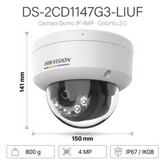 [ColorVu 3.0 + MD 3.0] Domo IP 4 Megapixel / Lente 2.8 mm / 30 mts IR + 30 mts Luz Blanca / Micrófono Integrado / Motion Detection 3.0 / Exterior IP67 / IK08 / WDR 120 dB / PoE / Micro SD