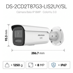 [Dual Light + ColorVu 3.0 + HikAI] Bala IP 8 Megapixel / Lente 4 mm / 60 mts IR + Luz Blanca / Exterior IP67 / Estrobo Luz Blanca / WDR 130 dB / ACUSENSE 3.0 / Metal / NEMA 4X / ACUSEEK