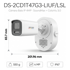 Bala IP 4 Megapixel / ColorVu 3.0 + SoundMax / Lente 4 mm / Dual Light 50 mts (164 ft) IR + Luz Blanca / Bocina + Micrófono Integrados / AcuSense Lite / Exterior IP67 / WDR 120 dB / PoE / Micro SD