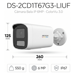 [ColorVu 3.0 + MD 3.0] Bala IP 6 Megapixel / Lente 4 mm / 50 mts IR + 50 mts Luz Blanca / Micrófono Integrado / Motion Detection 3.0 / Exterior IP67 / WDR 120 dB / PoE / Micro SD