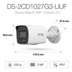 [ColorVu 3.0 + MD 3.0] Bala IP 2 Megapixel / Lente 2.8 mm / 30 mts IR + 30 mts Luz Blanca / Micrófono Integrado / Detección de Movimiento 3.0 / Exterior IP67 / WDR 120 dB / PoE / Micro SD