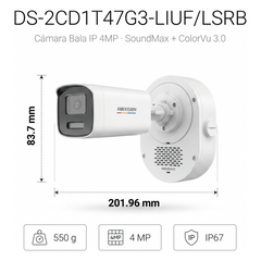 Bala IP 4 Megapixel / ColorVu 3.0 + SoundMax / Lente 4 mm / Dual Light 50 mts (164 ft) IR + Luz Blanca / Bocina + Micrófono Integrados / Luz Estroboscópica Rojo-Azul / AcuSense Lite / Exterior IP67 / WDR 120 dB / PoE / Micro SD
