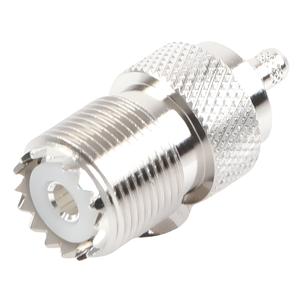 Conector UHF Hembra (SO-239) en Línea, de Anillo Plegable para Cable RG-58/U, RG-142/U, Níquel/ Plata/ Delrin.