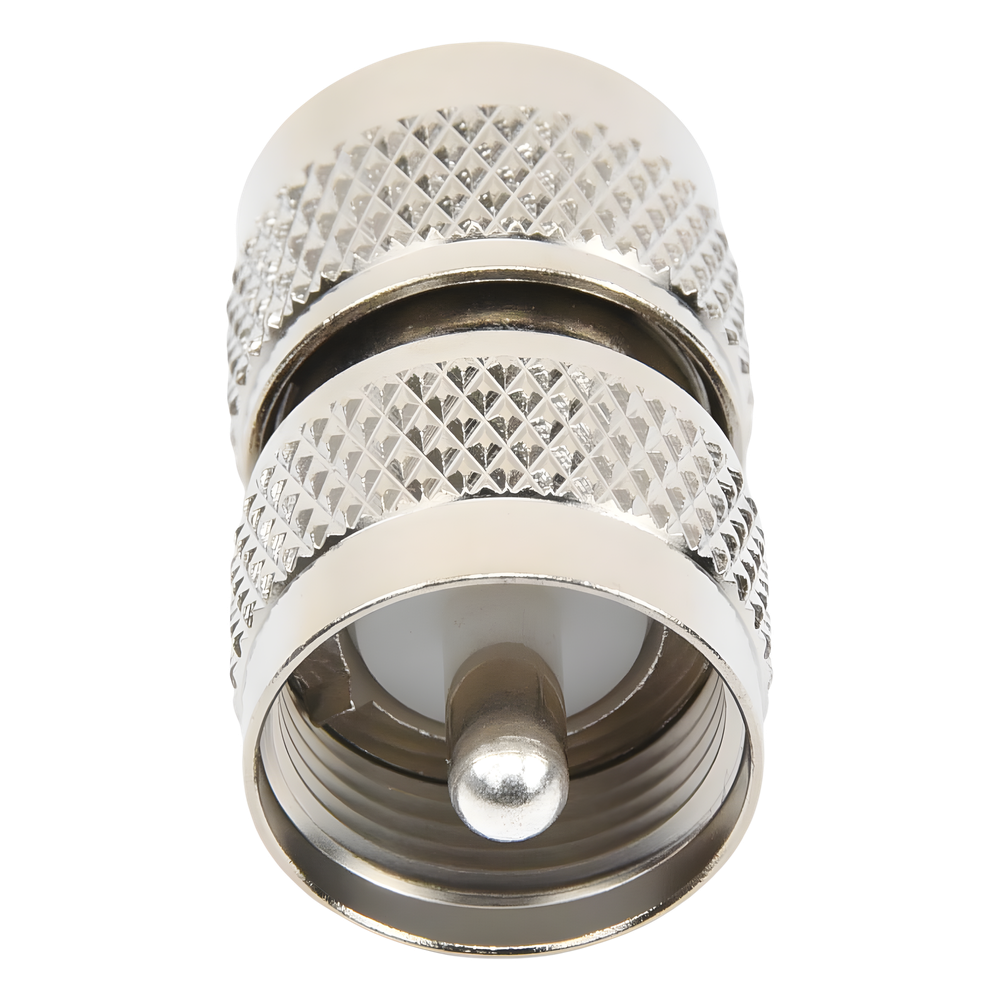 Adaptador Barril en Línea, de Conector UHF Macho (PL-259) a UHF Macho (PL-259), Níquel/ Plata/ Teflón.