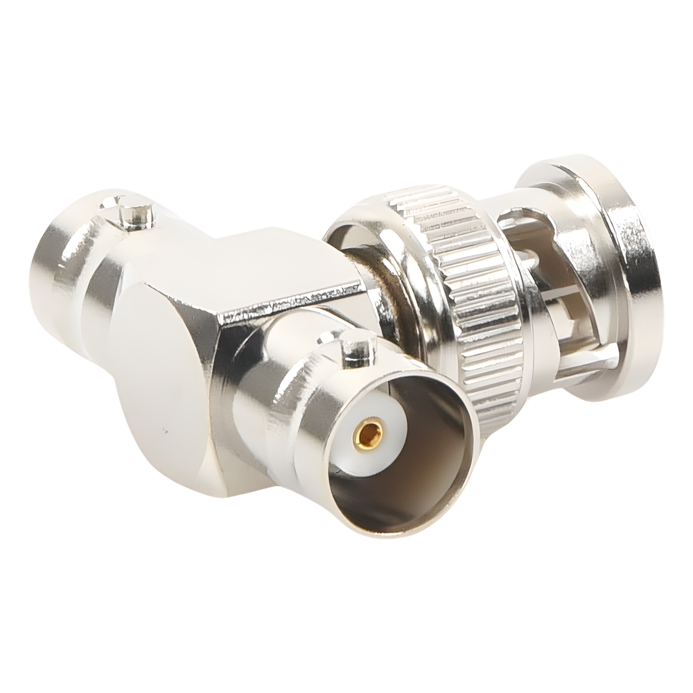 Adaptador en T para 50 Ohm de BNC Macho a Doble BNC Hembra, Maquinado, Níquel/ Oro/ Teflón.