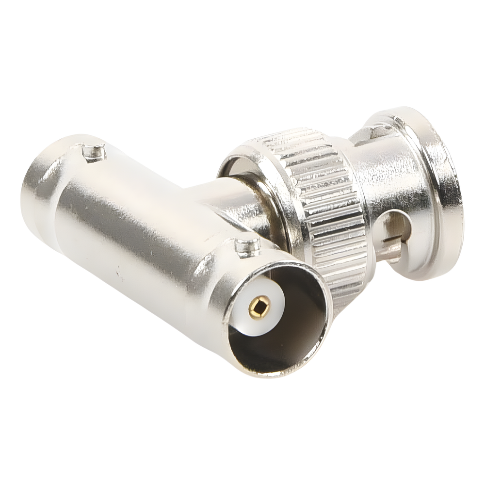 Adaptador en T para 50 Ohm de BNC Macho a Doble BNC Hembra, Troquelado, Níquel/ Oro/ Delrin.