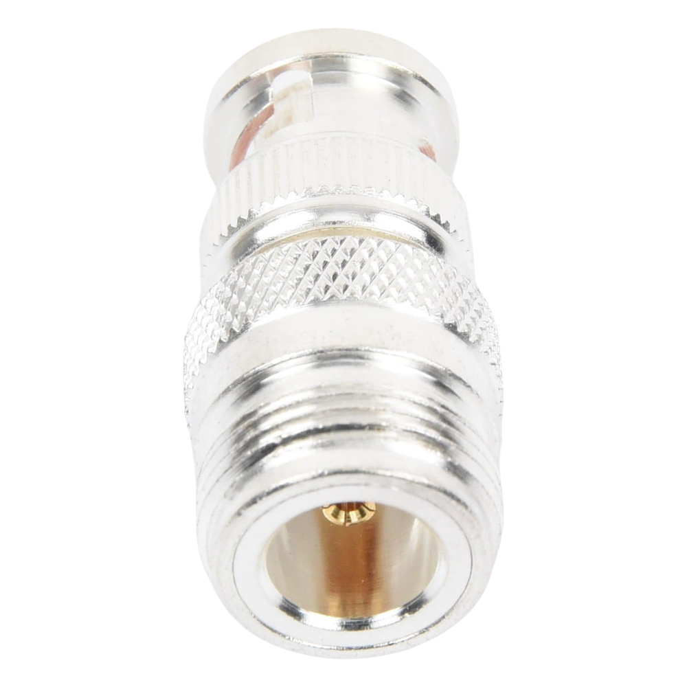 Adaptador en Linea para 50 Ohm, de Conector N Hembra a BNC Macho, Plata /Oro /Teflón.