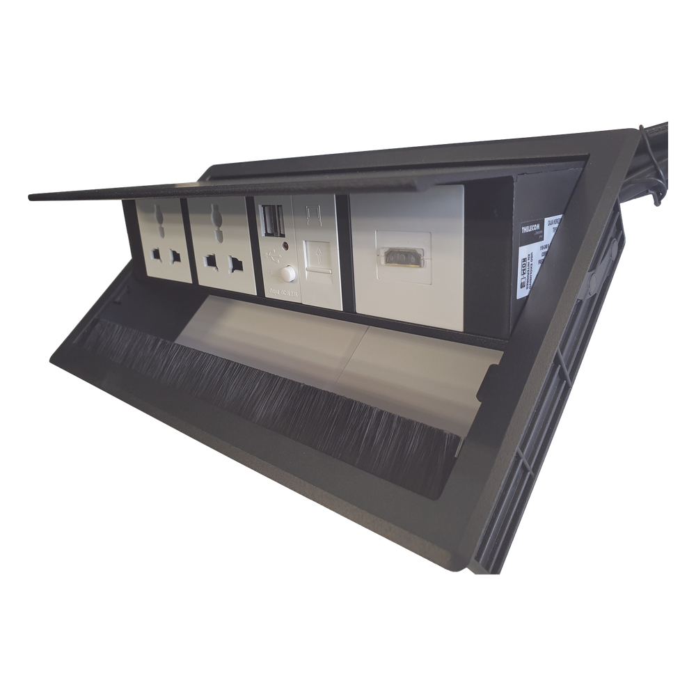 Caja Horizontal Tipo Hub para Escritorio Color Negro, con 1 Puerto HDMI Hembra-Hembra, 1 Puerto RJ45 Cat6, 2 Puertos USB (Solo Carga), y 2 Contactos Eléctricos Universales