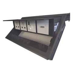 Caja Horizontal Tipo Hub para Escritorio Color Negro, con 1 Puerto HDMI Hembra-Hembra, 1 Puerto RJ45 Cat6, 2 Puertos USB (Solo Carga), y 2 Contactos Eléctricos Universales