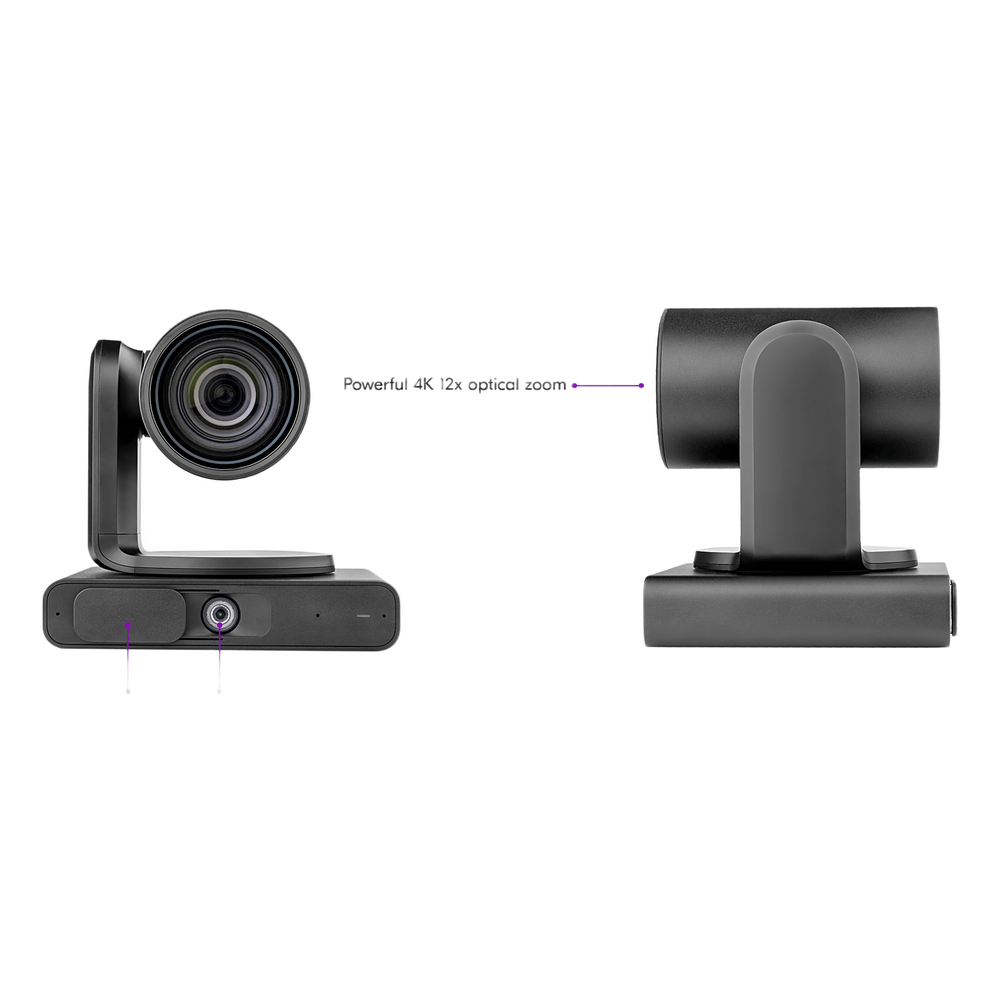 Cámara PTZ 4K Dual | Microsoft Teams Certified | 12x Zoom Óptico + Lente Panorámico 119° | Triple Micrófono Array | AI Auto-Framing | Speaker Tracking | Smart Gallery | PoE+ | USB 3.0