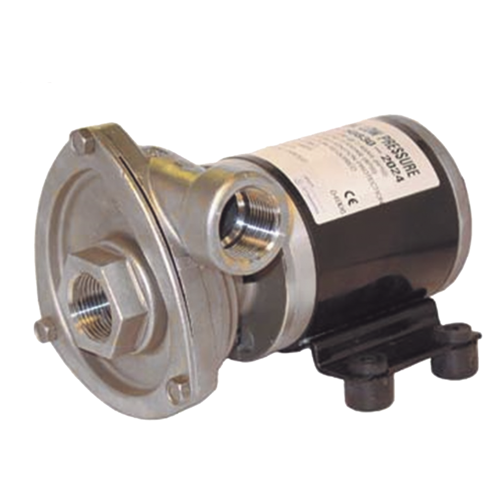 Bomba centrifuga Cyclone de baja presión a 12 Vcd, caudal de hasta 29 GPM, presión máxima de 8.7 psi, en acero inoxidable.